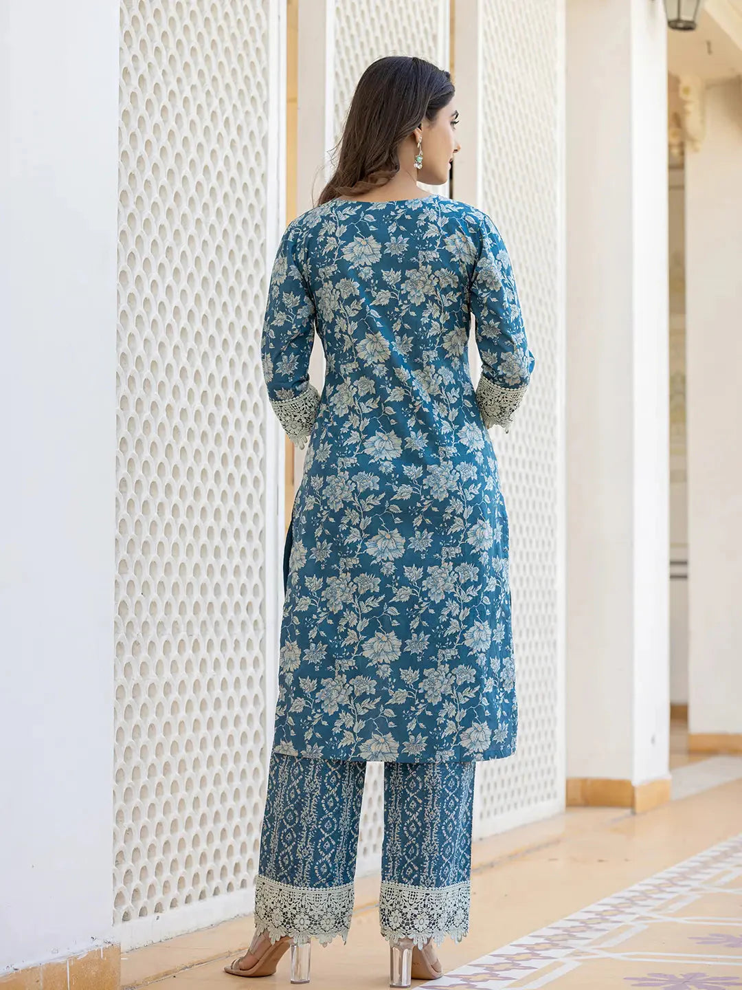 Blue Floral Print Straight Pakistani Style Kurta Trouser And Dupatta Set With Lace Work-Yufta Store-6884SKDBLM