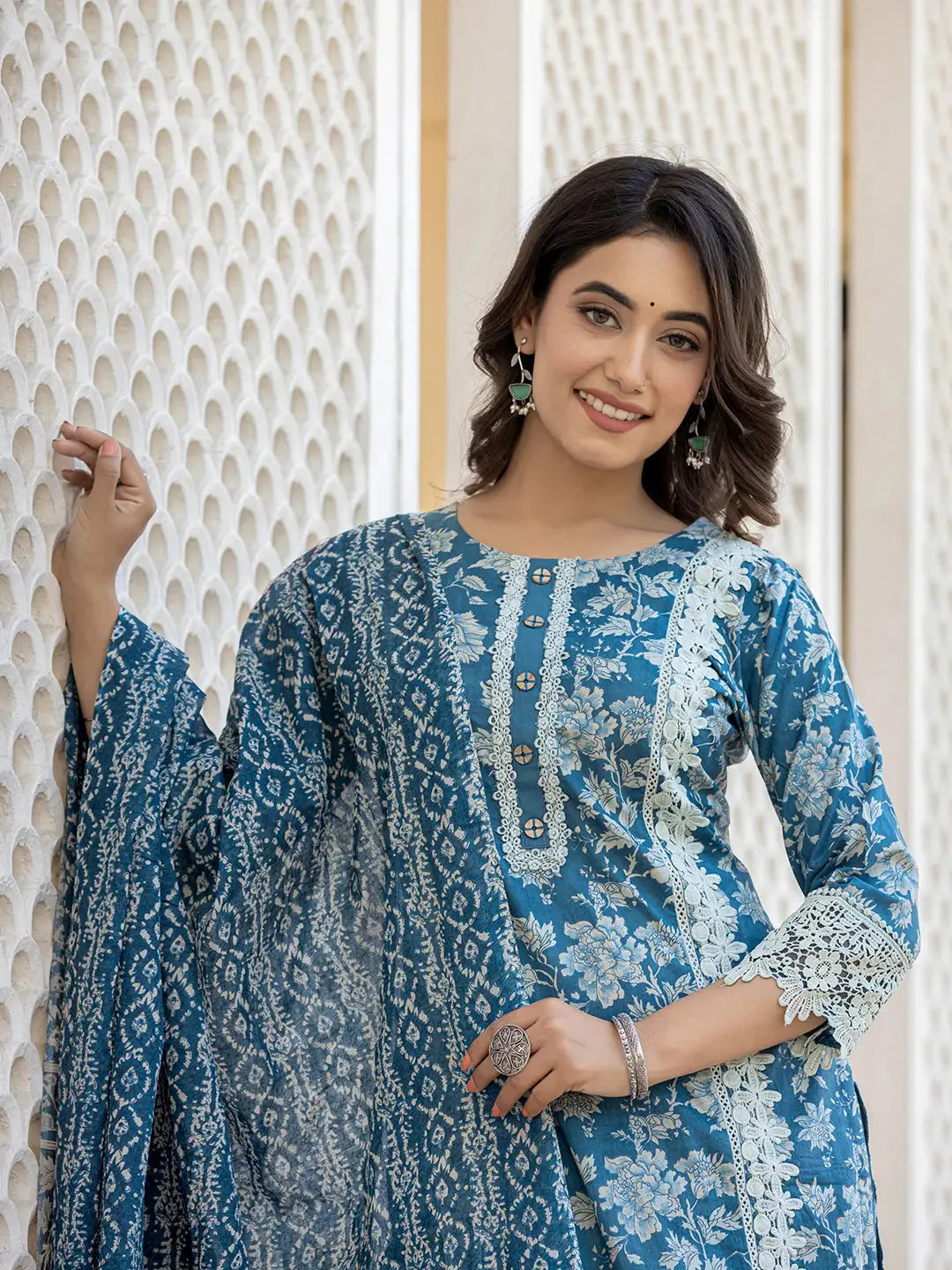 Blue Floral Print Straight Pakistani Style Kurta Trouser And Dupatta Set With Lace Work-Yufta Store-6884SKDBLM