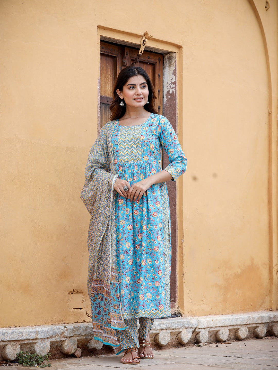 Blue Floral Printed Beads & Stones Pure Cotton Kurta with Trousers & With Dupatta Set-Yufta Store-1422SKDBLS