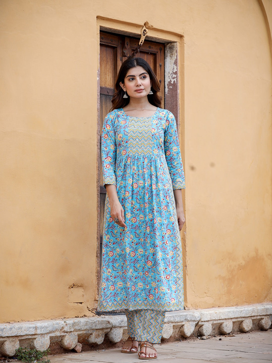 Blue Floral Printed Beads & Stones Pure Cotton Kurta with Trousers & With Dupatta Set-Yufta Store-1422SKDBLS