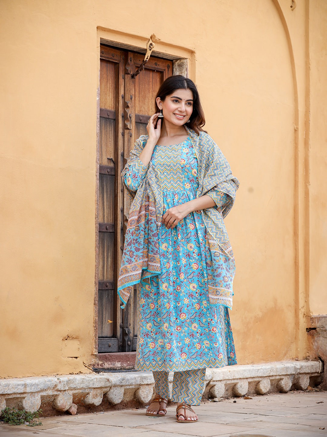 Blue Floral Printed Beads & Stones Pure Cotton Kurta with Trousers & With Dupatta Set-Yufta Store-1422SKDBLS