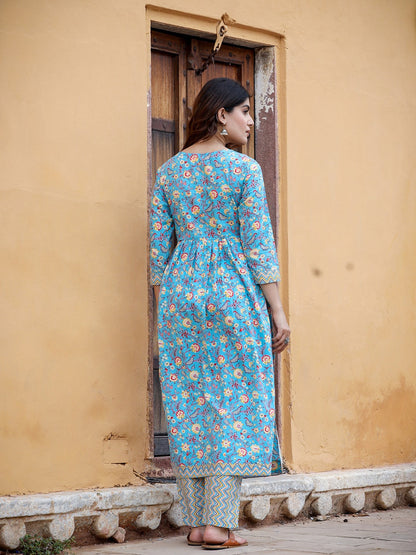 Blue Floral Printed Beads & Stones Pure Cotton Kurta with Trousers & With Dupatta Set-Yufta Store-1422SKDBLS