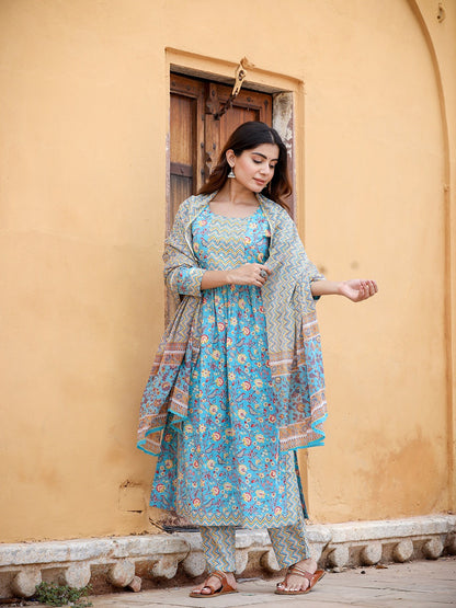 Blue Floral Printed Beads & Stones Pure Cotton Kurta with Trousers & With Dupatta Set-Yufta Store-1422SKDBLS