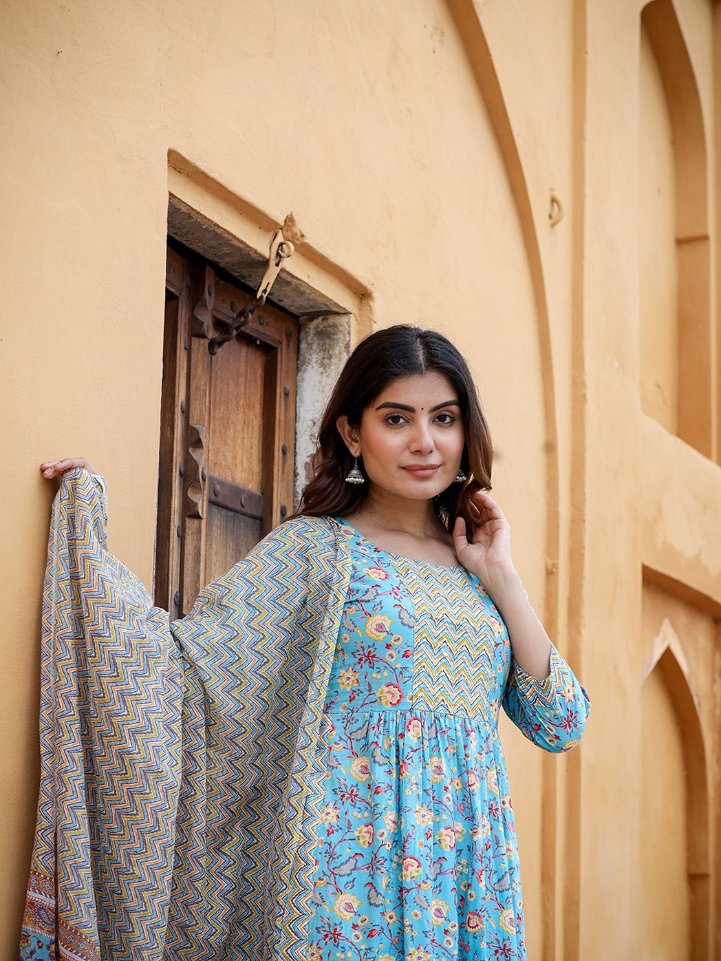 Blue Floral Printed Beads & Stones Pure Cotton Kurta with Trousers & With Dupatta Set-Yufta Store-1422SKDBLS