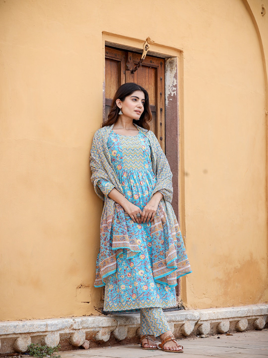 Blue Floral Printed Beads & Stones Pure Cotton Kurta with Trousers & With Dupatta Set-Yufta Store-1422SKDBLS