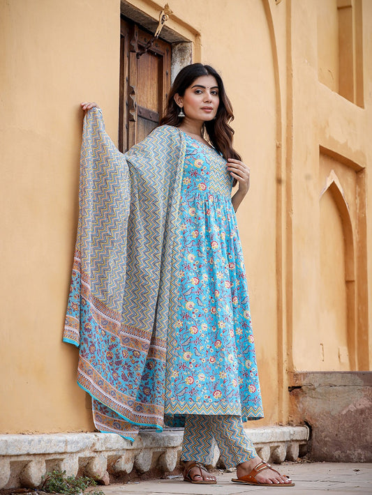 Blue Floral Printed Beads & Stones Pure Cotton Kurta with Trousers & With Dupatta Set-Yufta Store-1422SKDBLS