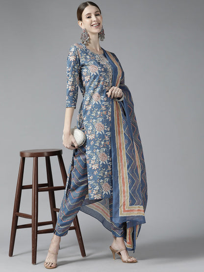 Blue Floral Printed Cotton Dupatta Set-Yufta Store-4785SKDBLS