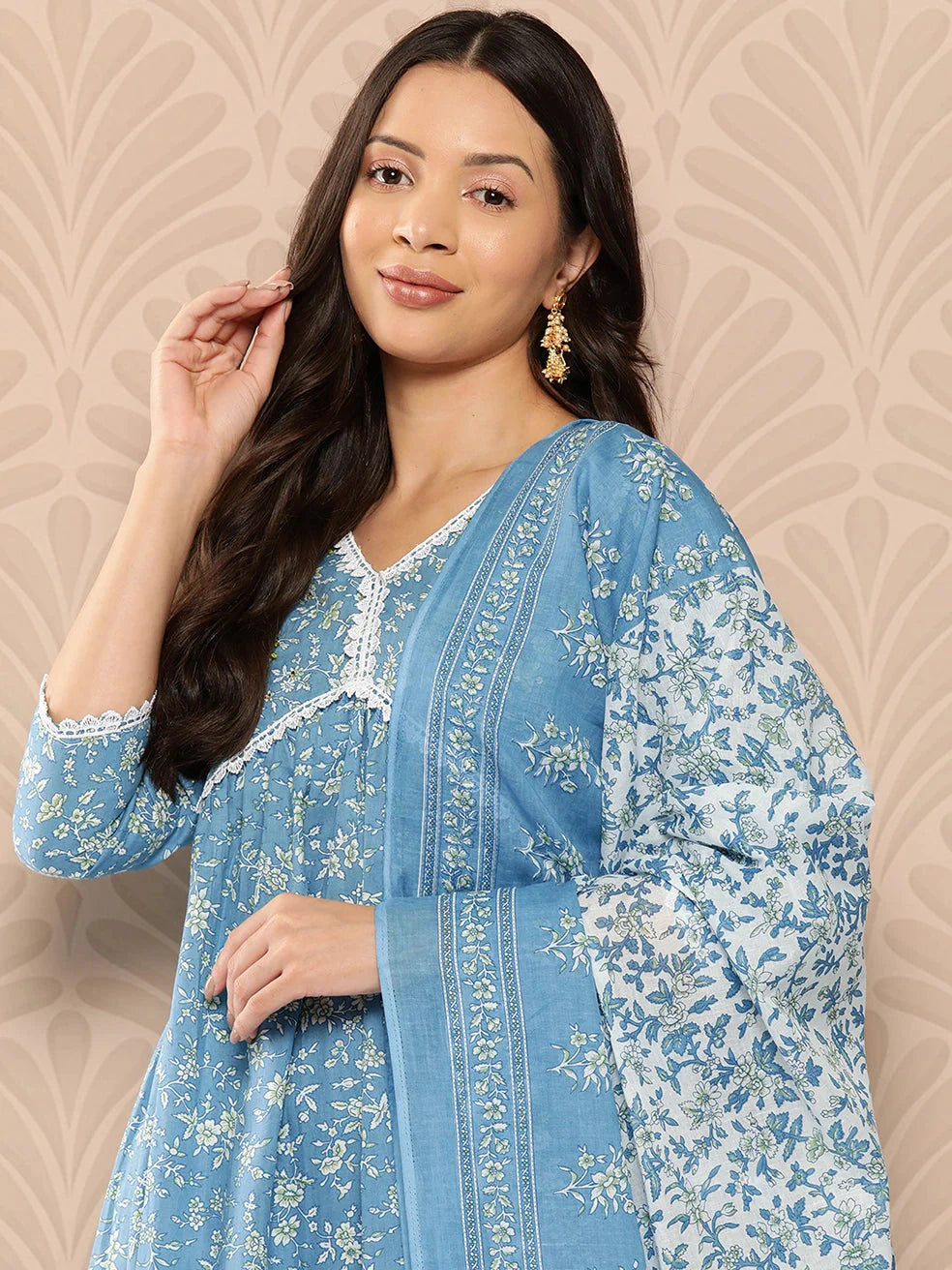 Blue Floral Printed Regular Pure Cotton alia-cut Kurta with Trousers & With Dupatta Set-Yufta Store-1275SKDBLS