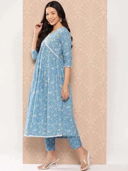 Blue Floral Printed Regular Pure Cotton alia-cut Kurta with Trousers & With Dupatta Set-Yufta Store-1275SKDBLS