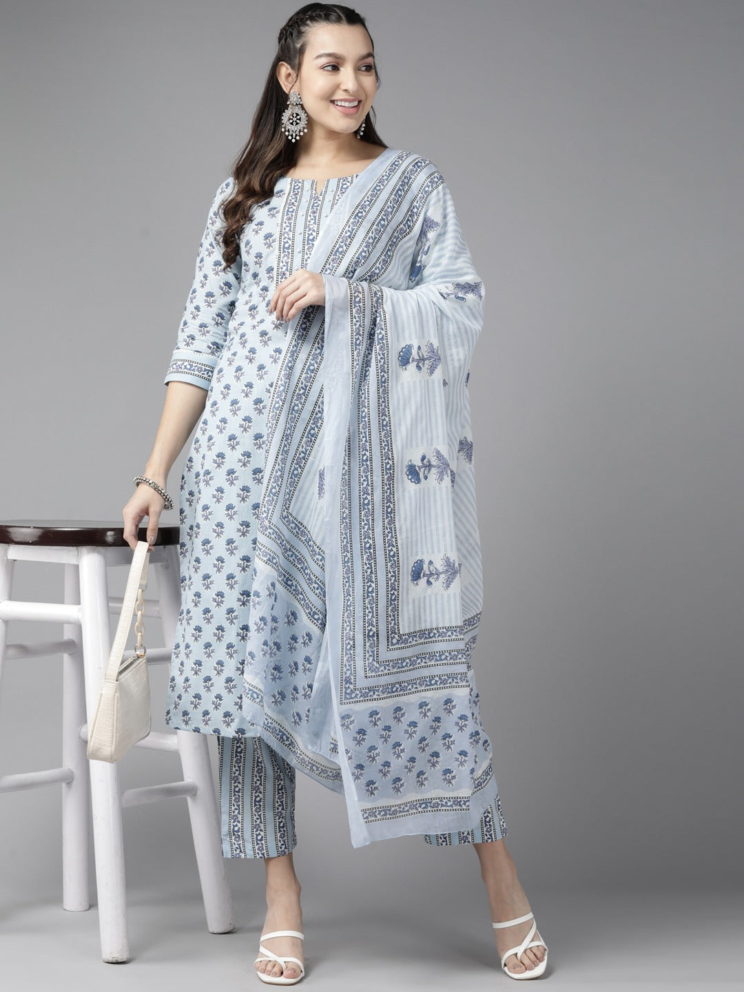 Blue Floral Printed Straight Kurta Trouser Set With Dupatta-Yufta Store-1192SKDSBS