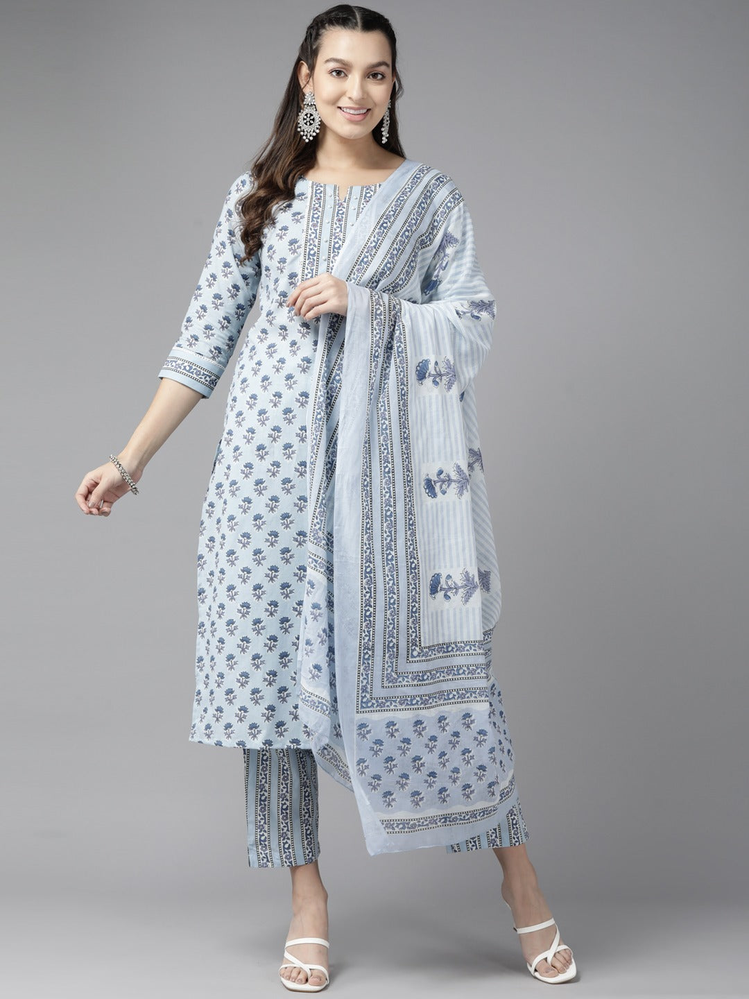 Blue Floral Printed Straight Kurta Trouser Set With Dupatta-Yufta Store-1192SKDSBS