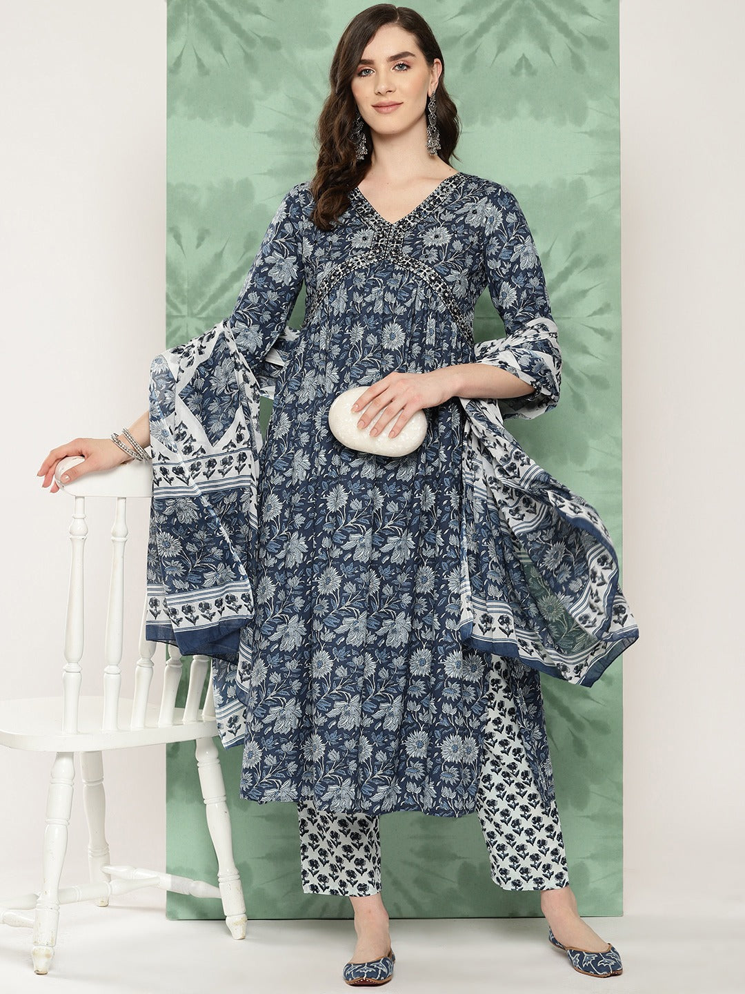 Blue Floral print alia-cut Kurta with Trousers with dupatta Set-Yufta Store-1379SKDBLS