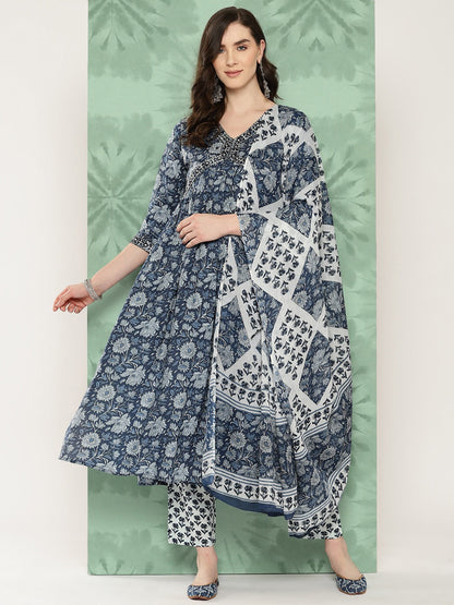 Blue Floral print alia-cut Kurta with Trousers with dupatta Set-Yufta Store-1379SKDBLS