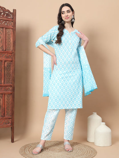 Blue Floral,Piping On Yoke Straight Kurta Trouser And Dupatta Set-Yufta Store-6833SKDBLS