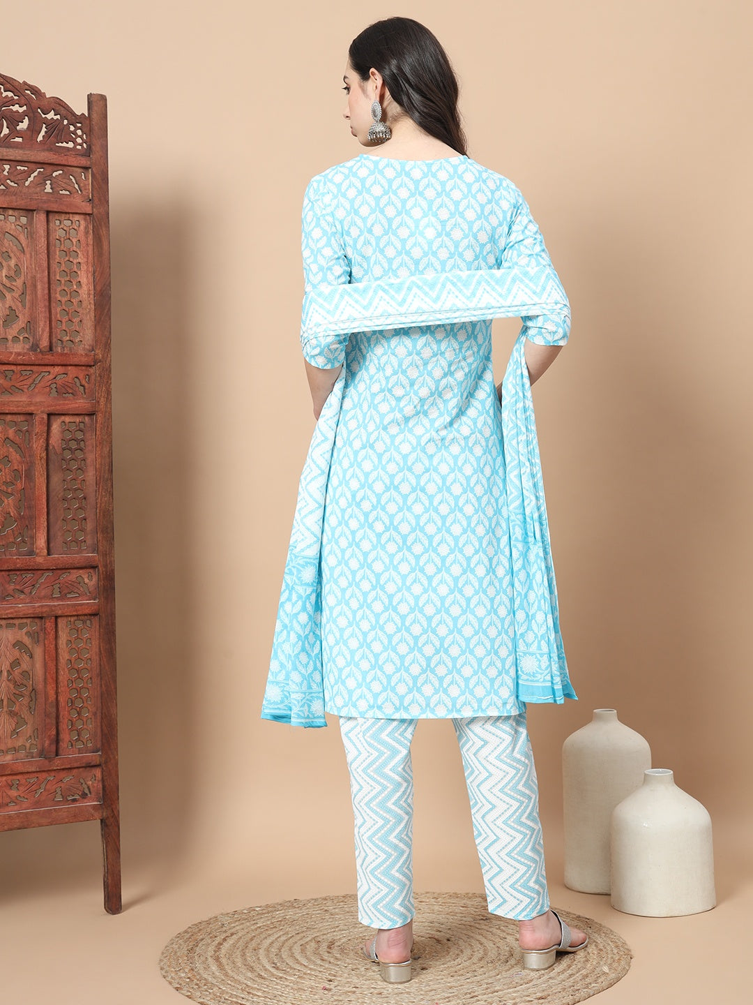 Blue Floral,Piping On Yoke Straight Kurta Trouser And Dupatta Set-Yufta Store-6833SKDBLS