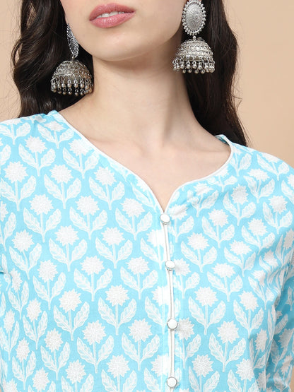 Blue Floral,Piping On Yoke Straight Kurta Trouser And Dupatta Set-Yufta Store-6833SKDBLS