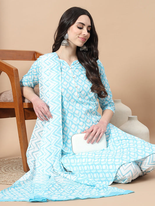 Blue Floral,Piping On Yoke Straight Kurta Trouser And Dupatta Set-Yufta Store-6833SKDBLS