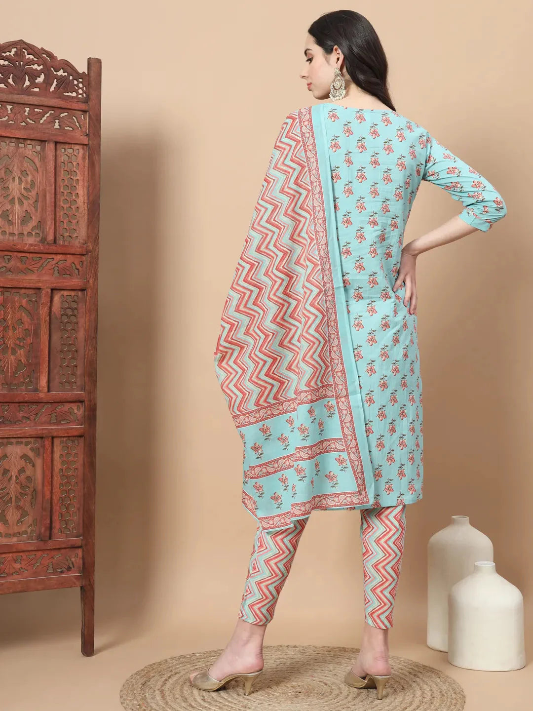 Blue Floral,Sequins_Work Straight Kurta Trouser And Dupatta Set-Yufta Store-1816SKDBLS