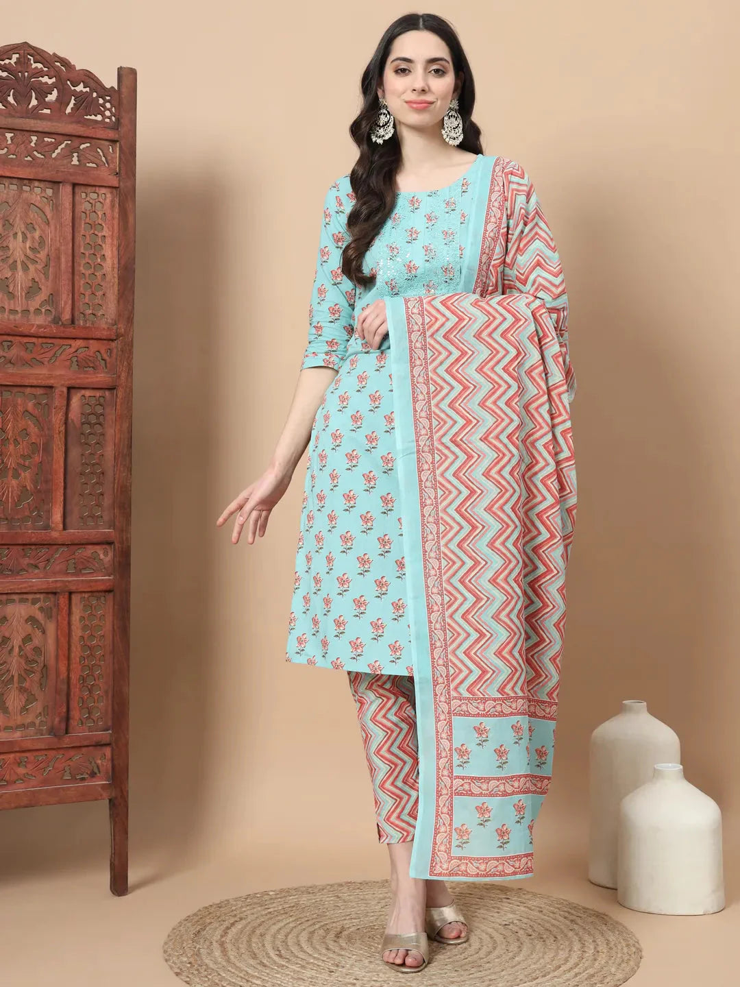 Blue Floral,Sequins_Work Straight Kurta Trouser And Dupatta Set-Yufta Store-1816SKDBLS