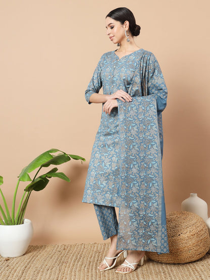 Blue Foli Print Cotton Kurta Dupatta Set-Yufta Store-6838SKDBLS