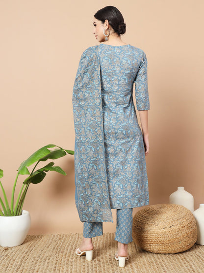 Blue Foli Print Cotton Kurta Dupatta Set-Yufta Store-6838SKDBLS