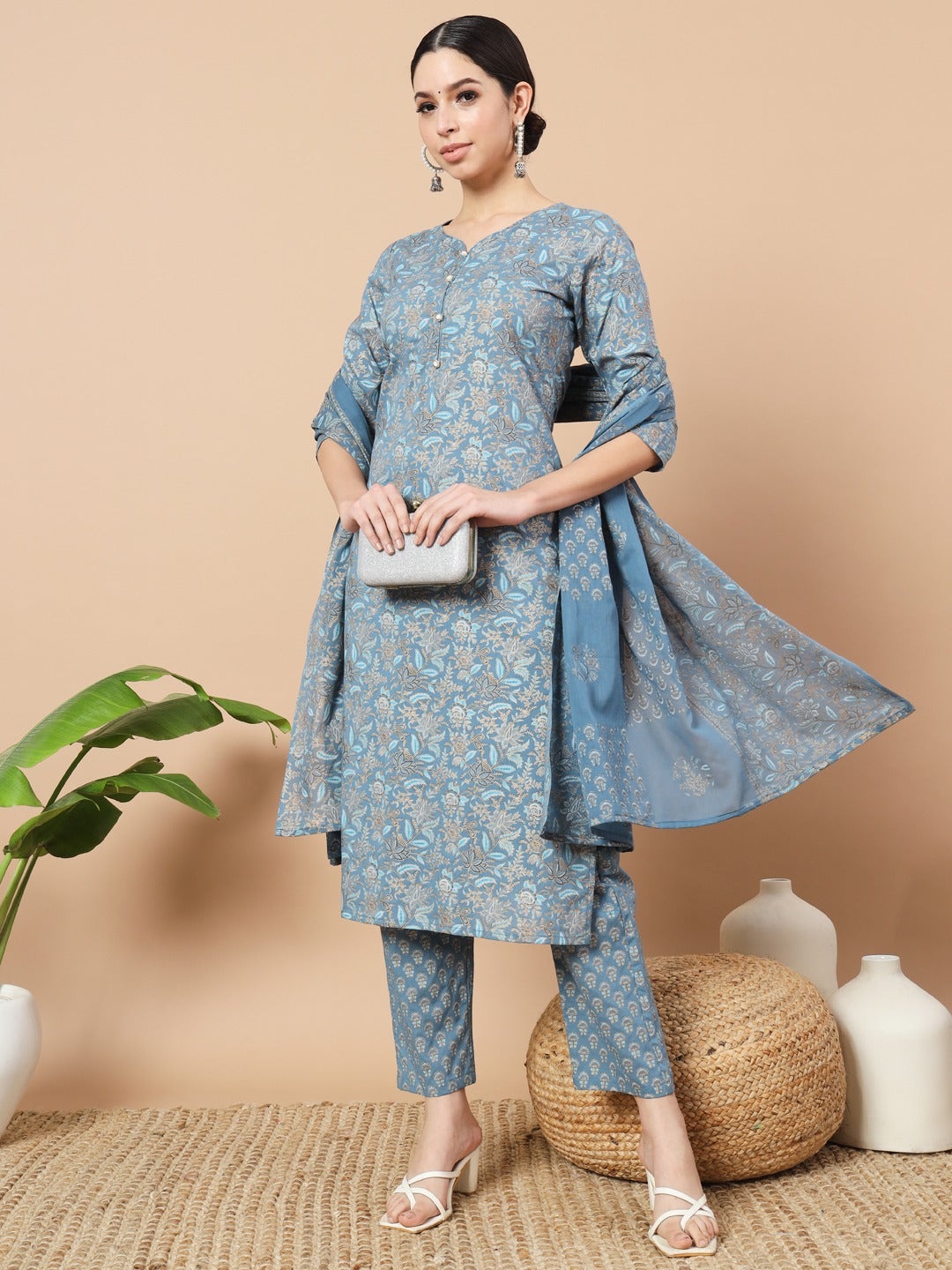 Blue Foli Print Cotton Kurta Dupatta Set-Yufta Store-6838SKDBLS