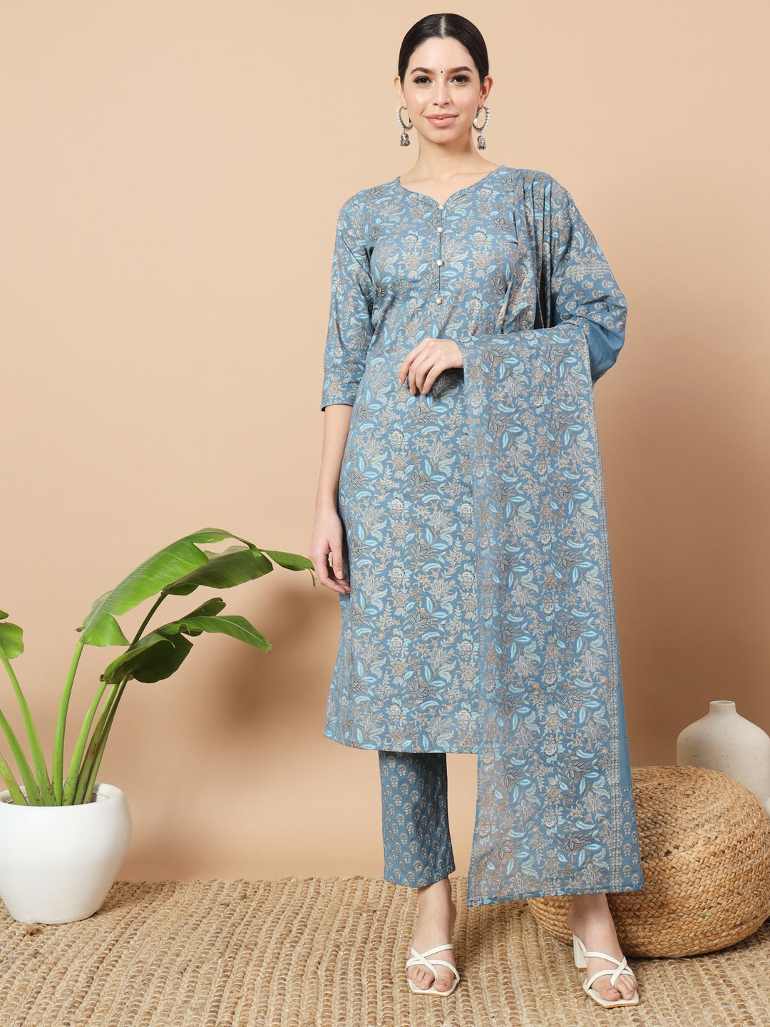 Blue Foli Print Cotton Kurta Dupatta Set-Yufta Store-6838SKDBLS