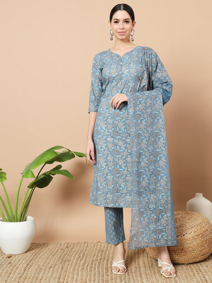 Blue Foli Print Cotton Kurta Dupatta Set-Yufta Store-6838SKDBLS