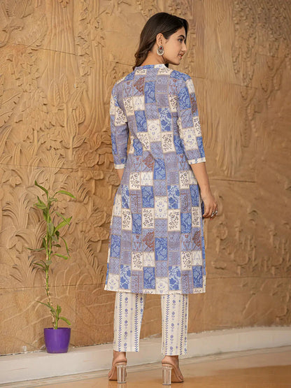 Blue Geometric Print Straight Kurta Trouser And Dupatta Set-Yufta Store-6863SKDBLS