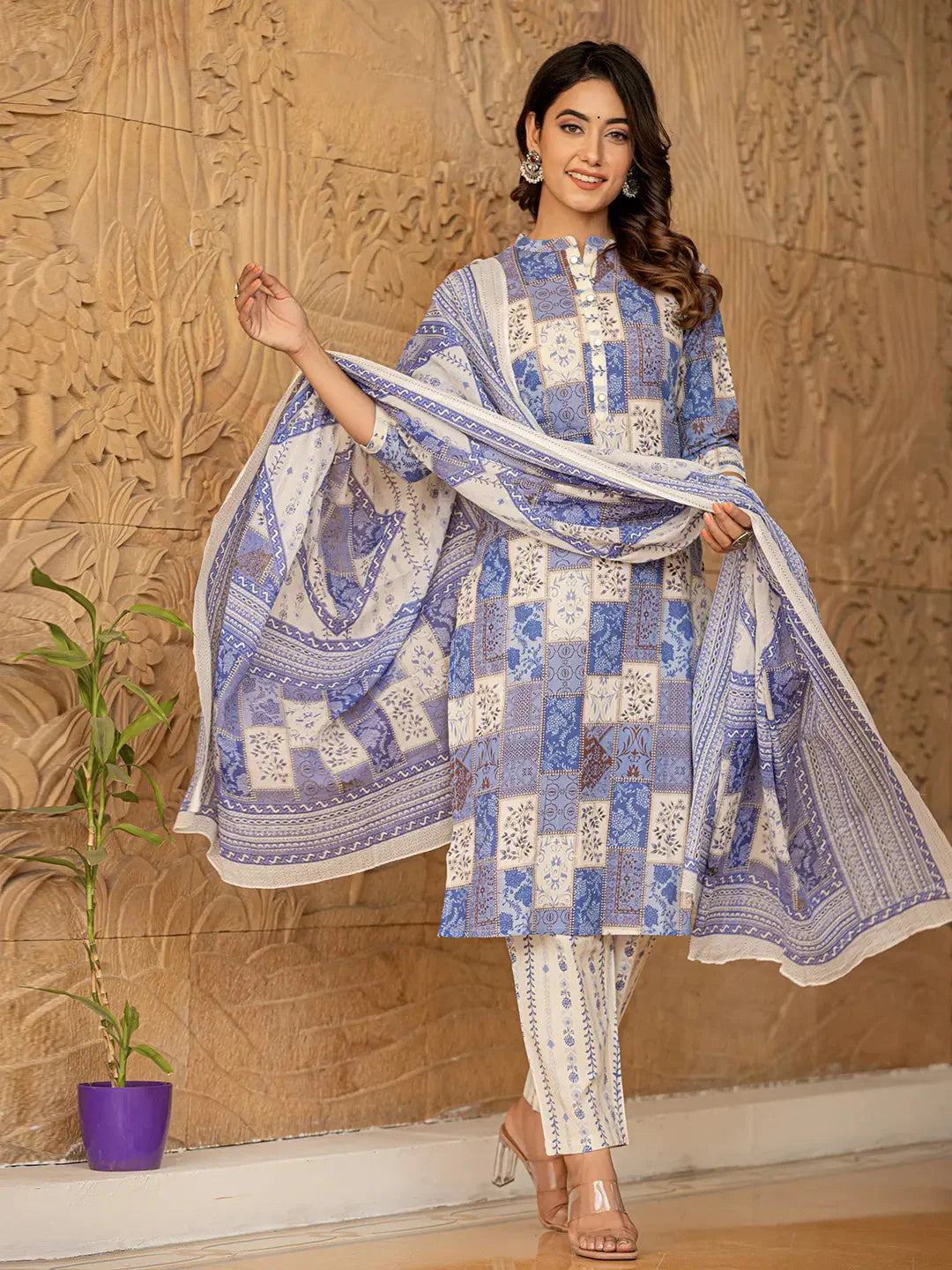 Blue Geometric Print Straight Kurta Trouser And Dupatta Set-Yufta Store-6863SKDBLS