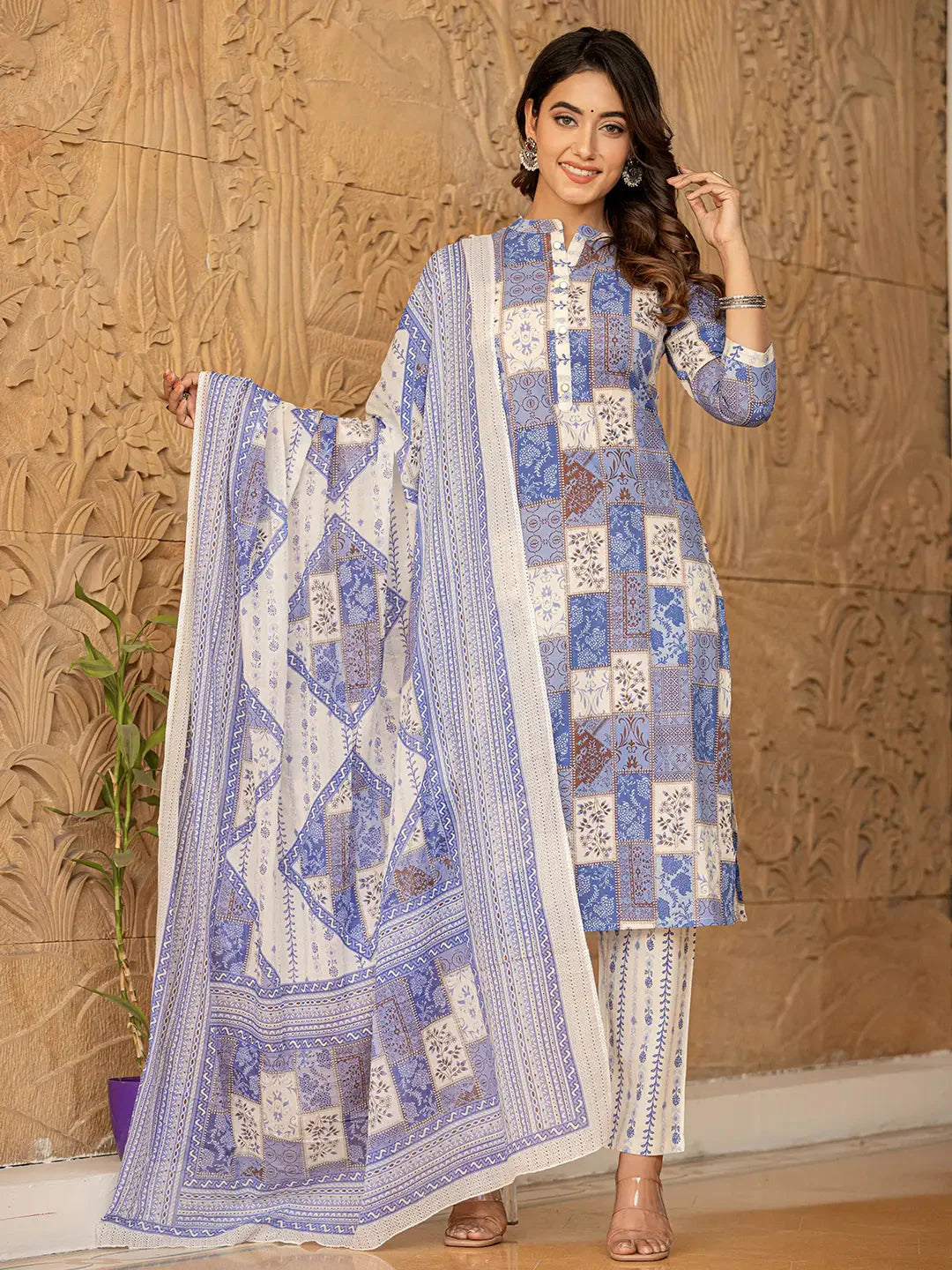 Blue Geometric Print Straight Kurta Trouser And Dupatta Set-Yufta Store-6863SKDBLS