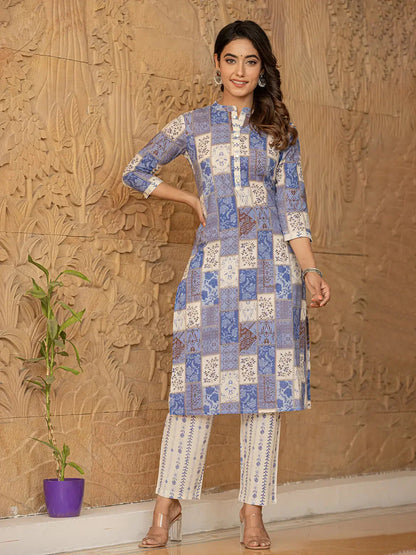 Blue Geometric Print Straight Kurta Trouser And Dupatta Set-Yufta Store-6863SKDBLS