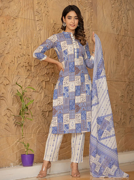 Blue Geometric Print Straight Kurta Trouser And Dupatta Set-Yufta Store-6863SKDBLS