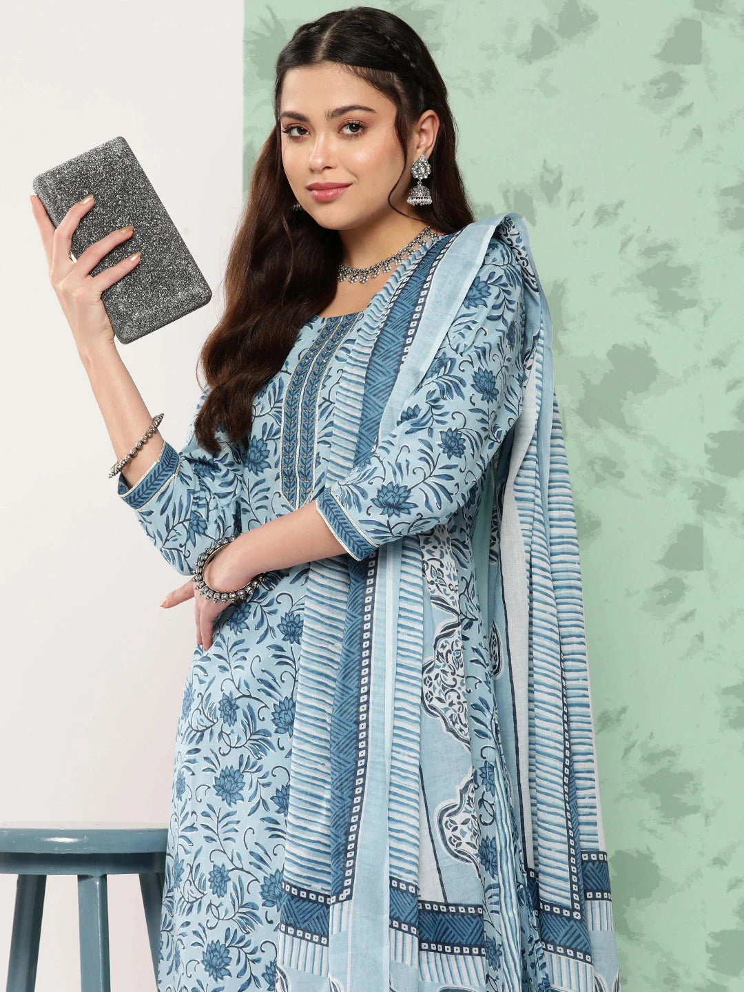 Blue Gotta-Patti Cotton Kurti Pant Set With Dupatta-Yufta Store-1152SKDBLS