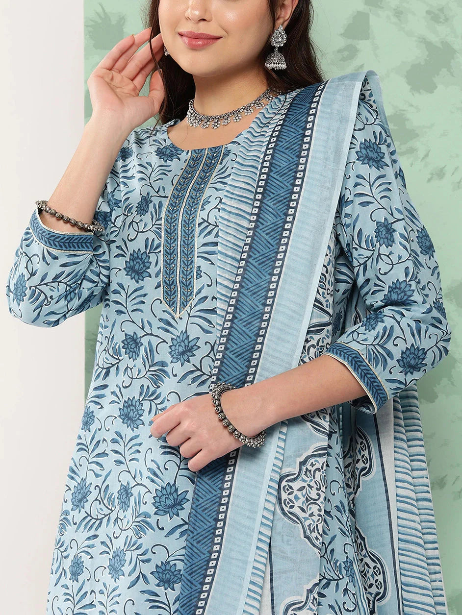 Blue Gotta-Patti Cotton Kurti Pant Set With Dupatta-Yufta Store-1152SKDBLS