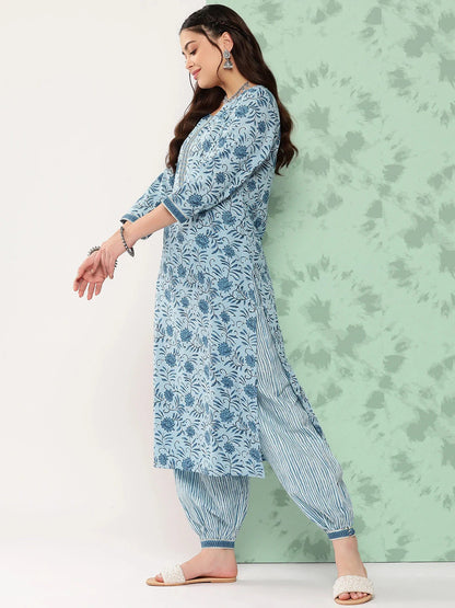 Blue Gotta-Patti Cotton Kurti Pant Set With Dupatta-Yufta Store-1152SKDBLS