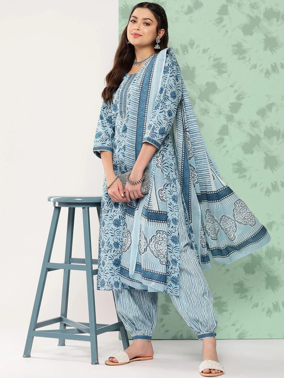 Blue Gotta-Patti Cotton Kurti Pant Set With Dupatta-Yufta Store-1152SKDBLS