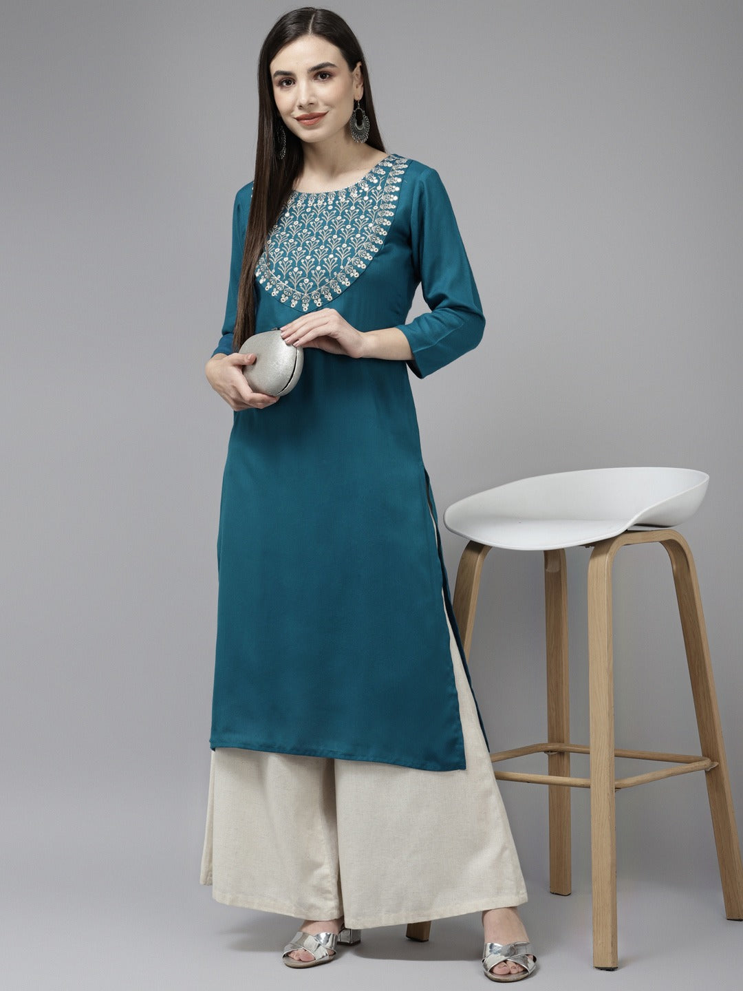 Blue Mirror Work Kurta-Yufta Store-9860KURTBS