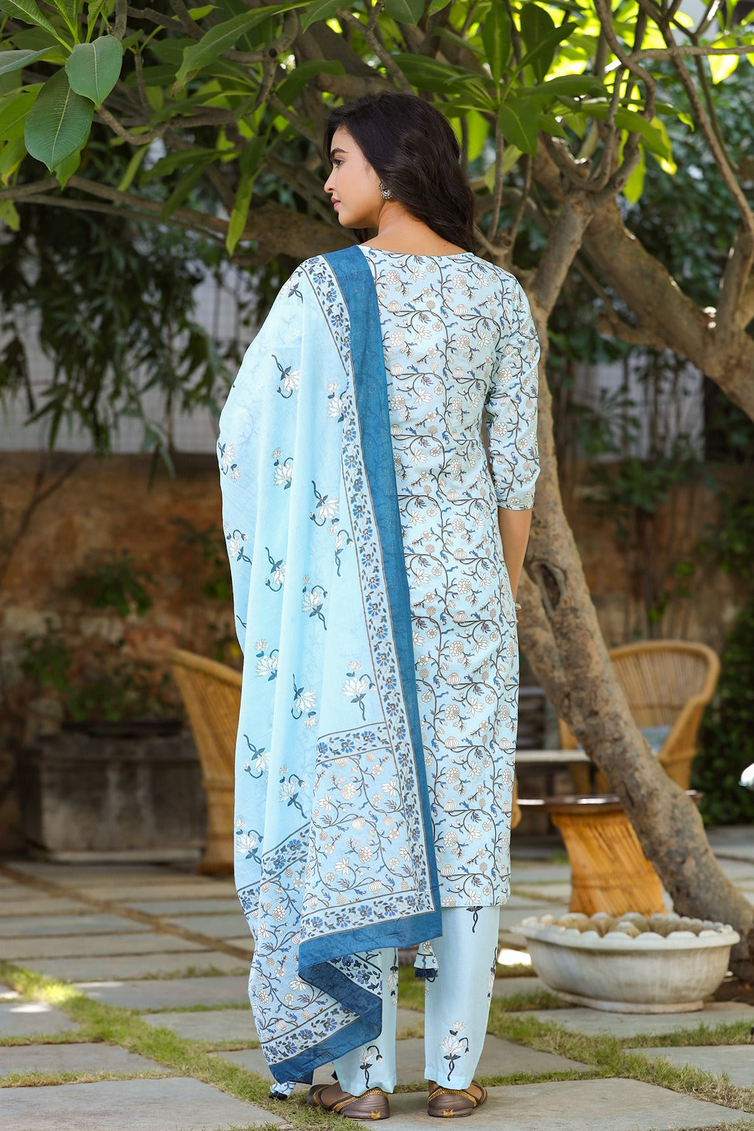 Blue & Offwhite Printed Dupatta Set-Yufta Store-9305SKDSBS