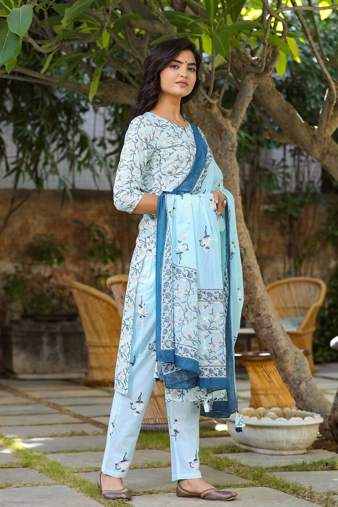 Blue & Offwhite Printed Dupatta Set-Yufta Store-9305SKDSBS