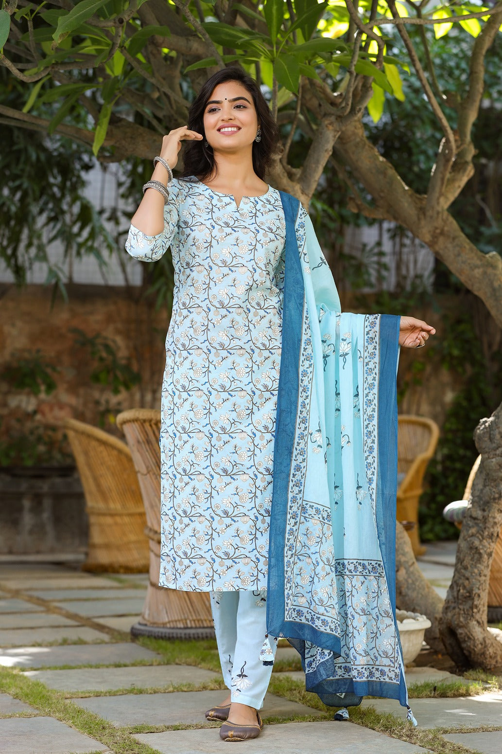 Blue & Offwhite Printed Dupatta Set-Yufta Store-9305SKDSBS