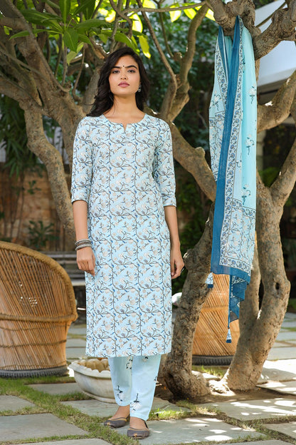 Blue & Offwhite Printed Dupatta Set-Yufta Store-9305SKDSBS