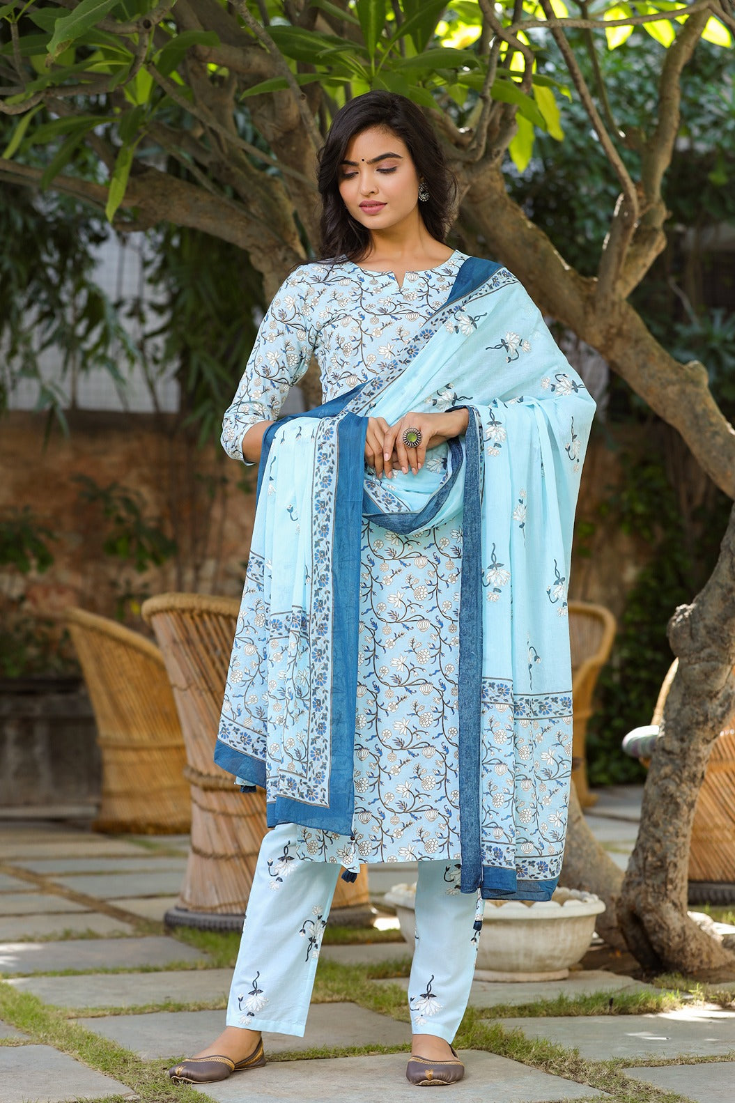 Blue & Offwhite Printed Dupatta Set-Yufta Store-9305SKDSBS