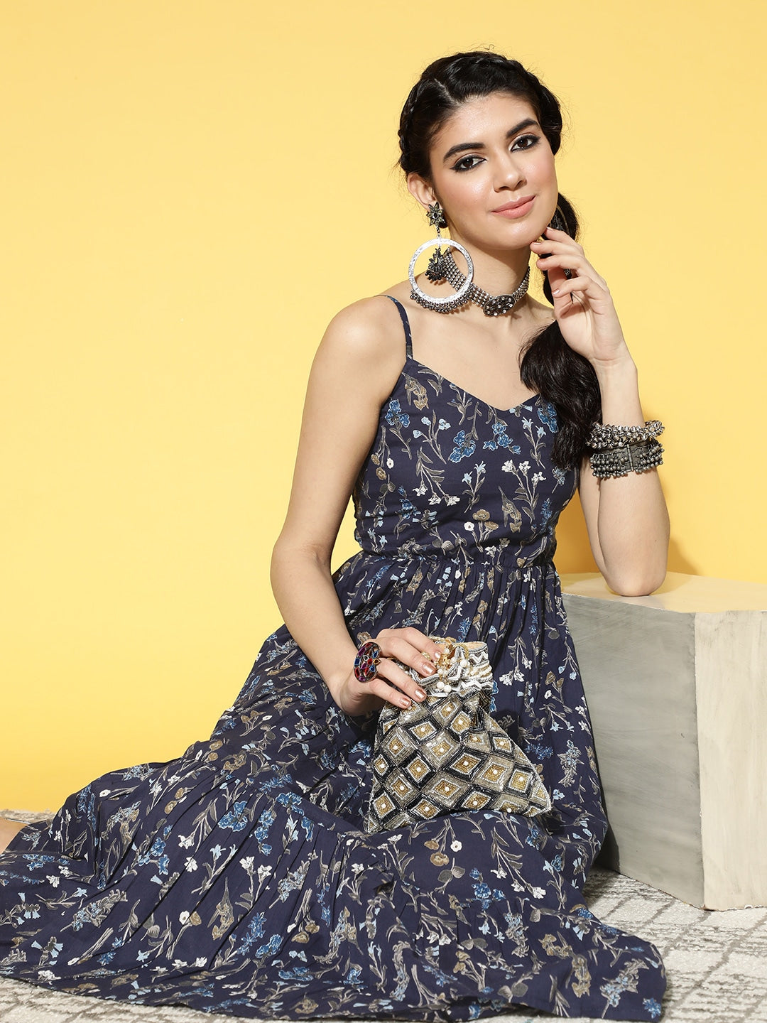 Blue & Olive Green Printed Dress-Yufta Store-9442DRSBLS