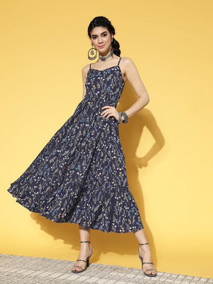 Blue & Olive Green Printed Dress-Yufta Store-9442DRSBLS