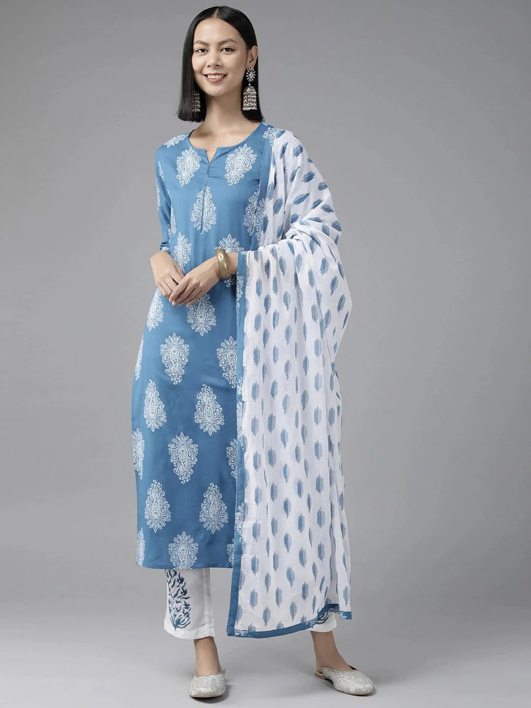 Blue Paisley Printed Dupatta Set-Yufta Store-1118SKDBLS