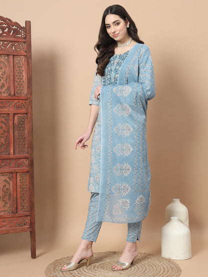 Blue Printed Cotton Kurta Dupatta Set-Yufta Store-6813SKDBLS