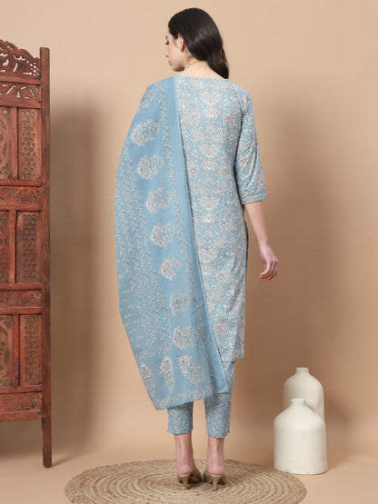 Blue Printed Cotton Kurta Dupatta Set-Yufta Store-6813SKDBLS