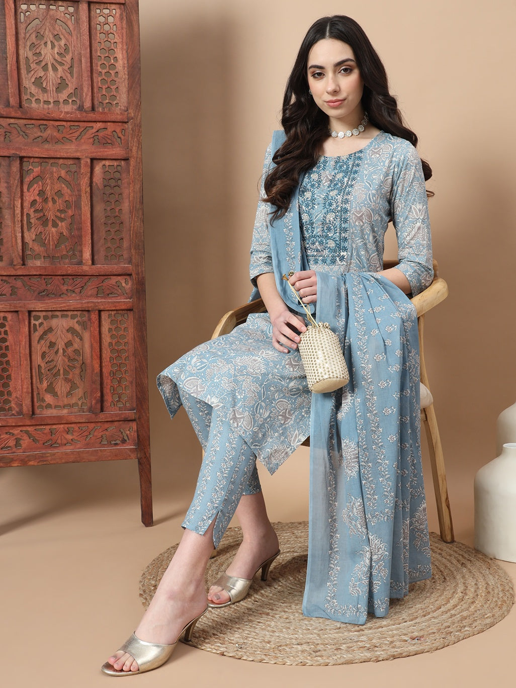 Blue Printed Cotton Kurta Dupatta Set-Yufta Store-6813SKDBLS