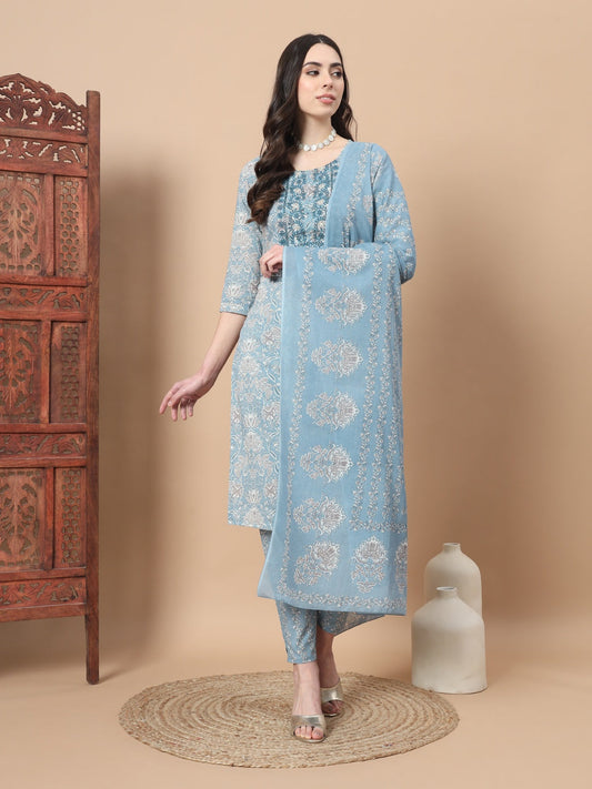 Blue Printed Cotton Kurta Dupatta Set-Yufta Store-6813SKDBLS